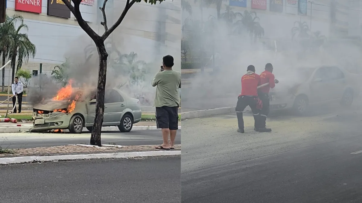 Vídeo: carro pega fogo na Av. Raul Lopes e equipe de emergência de shopping apaga incêndio; veículo fica parcialmente destruído