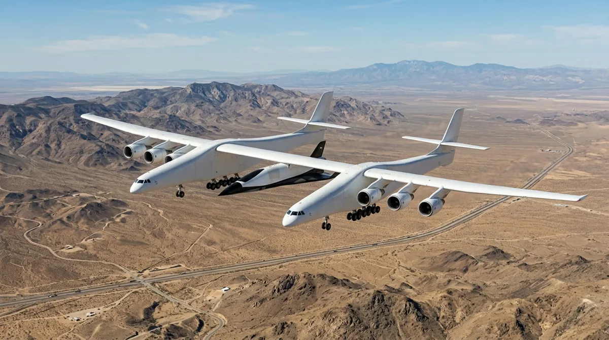 Com 117 metros de envergadura, maior que o comprimento de um campo de futebol padrão, um avião foi construído com duas enormes fuselagens para carregar outras aeronaves e lançá-las em pleno voo