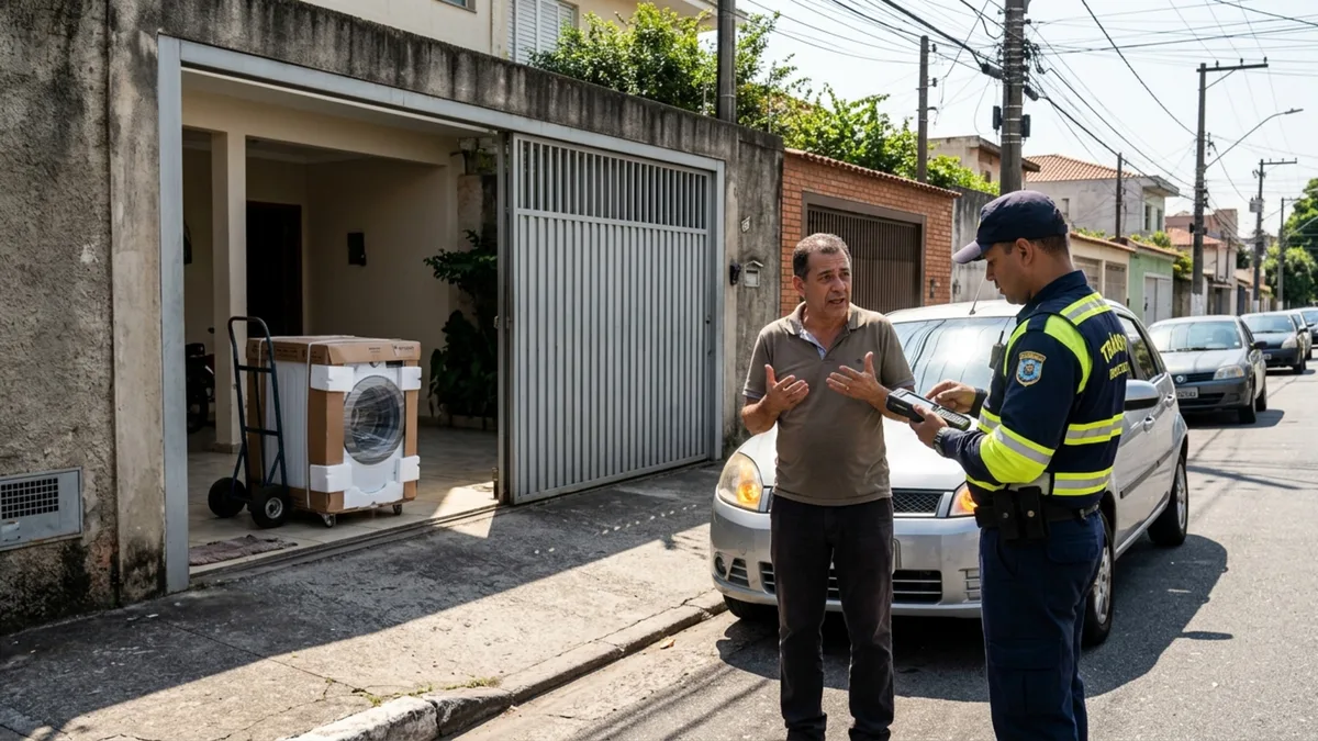 Motorista deixa o carro na frente da própria garagem para descarregar uma máquina de lavar, recebe uma multa e descobre que ser dono do imóvel não elimina a proibição de estacionar diante da guia rebaixada