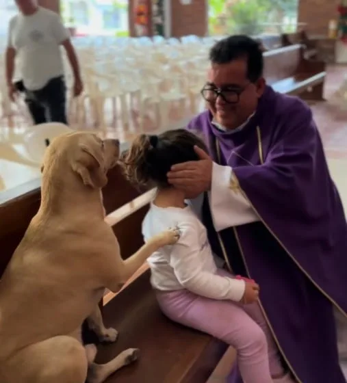 Insólita escena durante una oración: en video quedó la reacción de un perro con el sacerdote