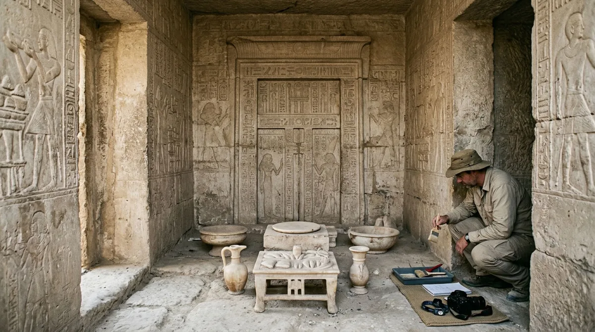 Uma porta que não leva a lugar algum aparece em tumba de 4 mil anos no Egito junto de mais de 100 pequenas figuras funerárias
