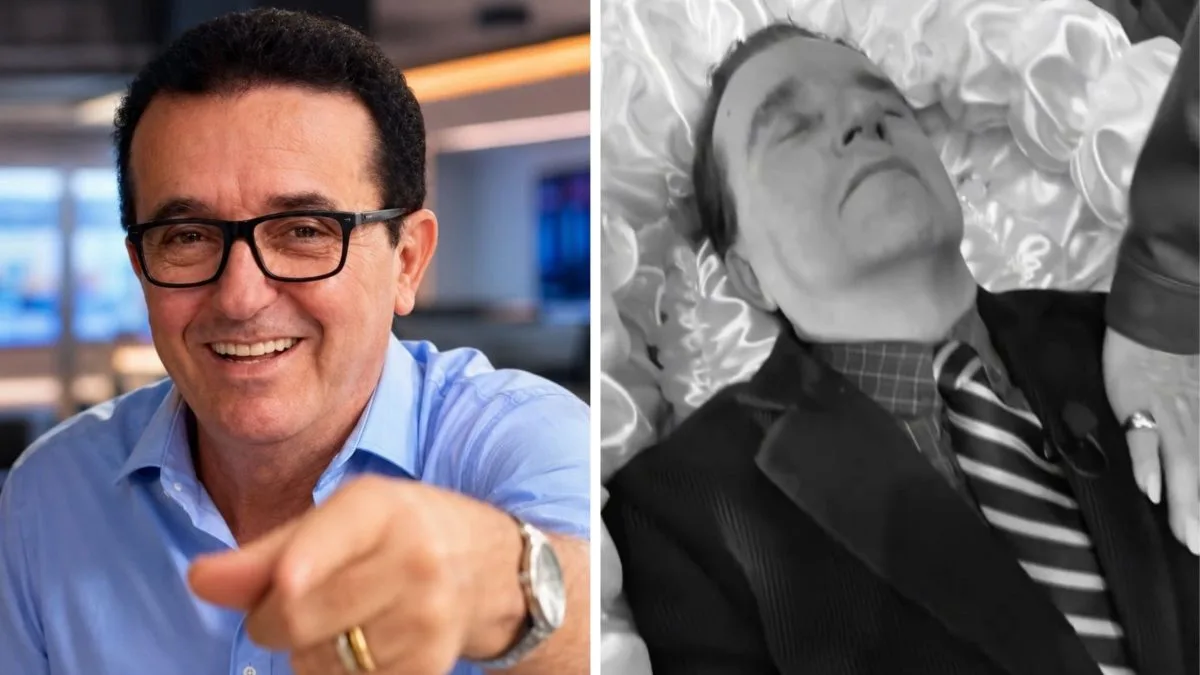 Hélio Costa morreu? Post nas redes sociais assusta internautas, mas jornalista mostra que está ‘on’ e até dá beijinho em caixão