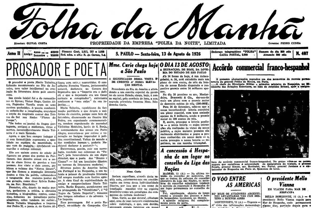 1926: Cientista Marie Curie sai do Rio e vem a S�o Paulo dar confer�ncia