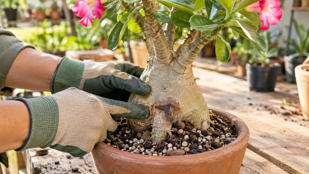 Rosa-do-deserto com manchas escuras no caudex: como resolver o problema que normalmente começa muito antes de aparecer na superfície