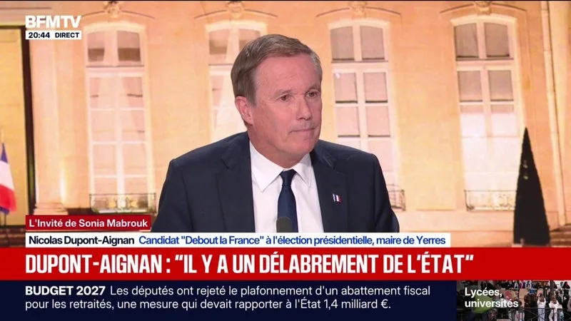 Nicolas Dupont-Aignan, candidat Debout la France à la présidentielle, qualifie l'Union européenne "d'organisation malfaisante"