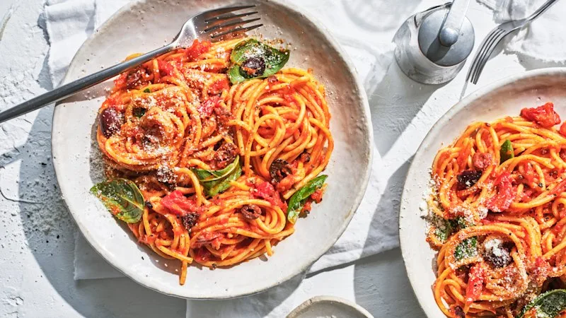 Adam Liaw’s sundried tomato and olive spaghetti