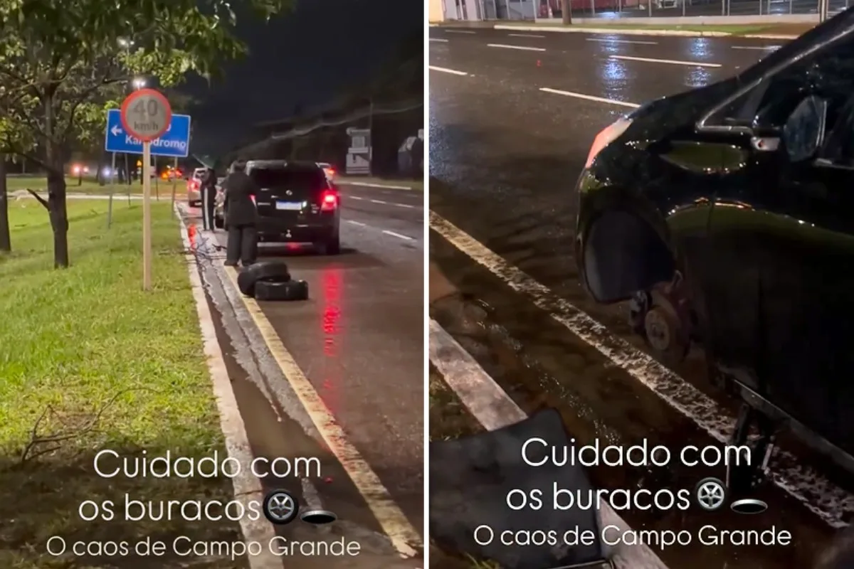 Buraco gigante deixa 7 carros com pneus rasgados em Campo Grande: 'Foi efeito dominó', diz motorista
