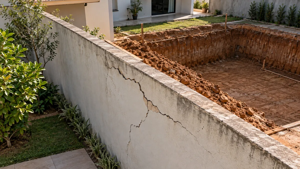 Vizinho começa a escavar uma piscina junto à divisa e casal exige a interrupção da obra depois de encontrar novas rachaduras no muro