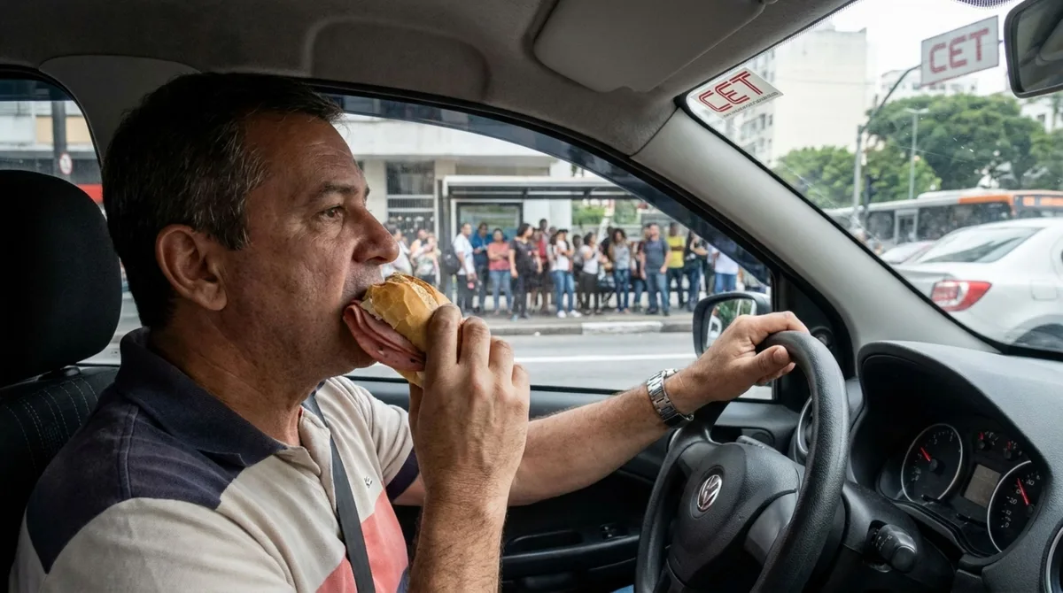 Motorista pode ser multado por comer enquanto dirige e descobre que segurar o lanche pode virar infração mesmo sem celular