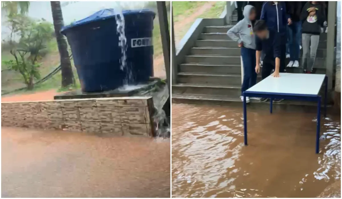 Escola estadual 'vira rio' após chuva em SP e alunos improvisam ponte com mesas