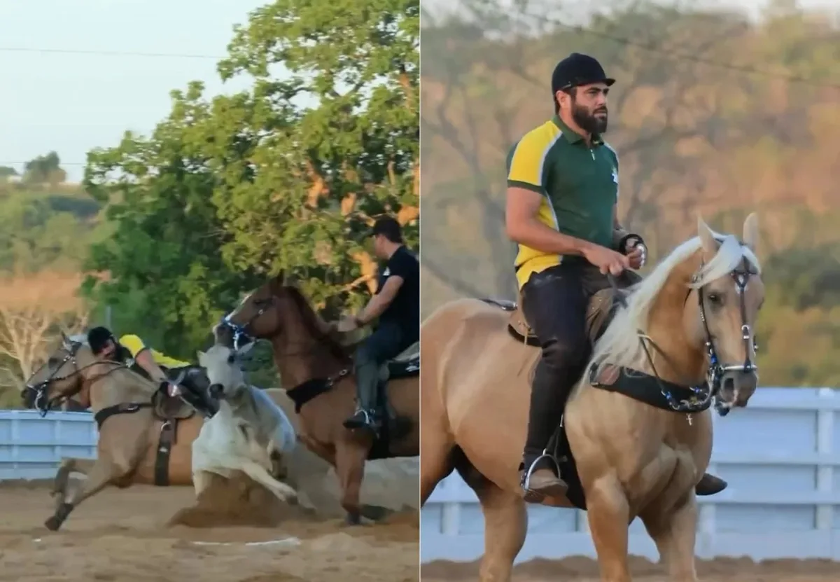 Henrique, da dupla com Juliano, aparece montado a cavalo em vaquejada no Tocantins, horas antes de show em SP