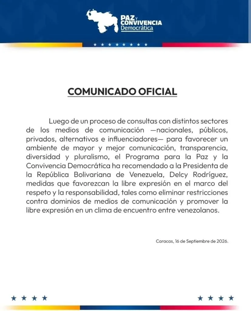 Programa de Paz y Convivencia Democrática recomienda a Delcy Rodríguez levantar bloqueos a páginas web de medios de comunicación