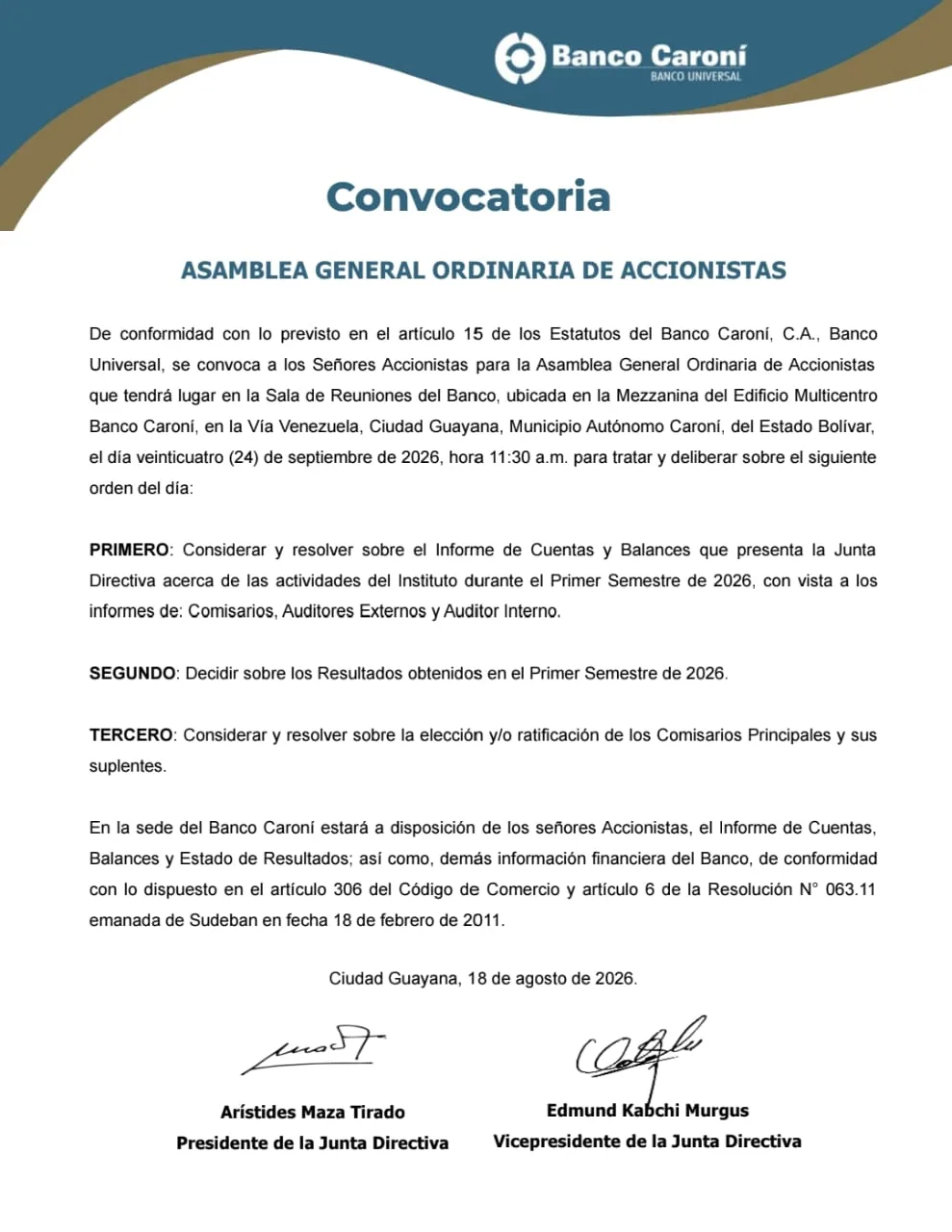Banco Caroní convoca a asamblea general ordinaria de accionistas