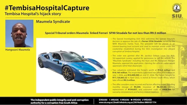 Special Tribunal gives green light to sale of Maumela’s R9.5m Ferrari