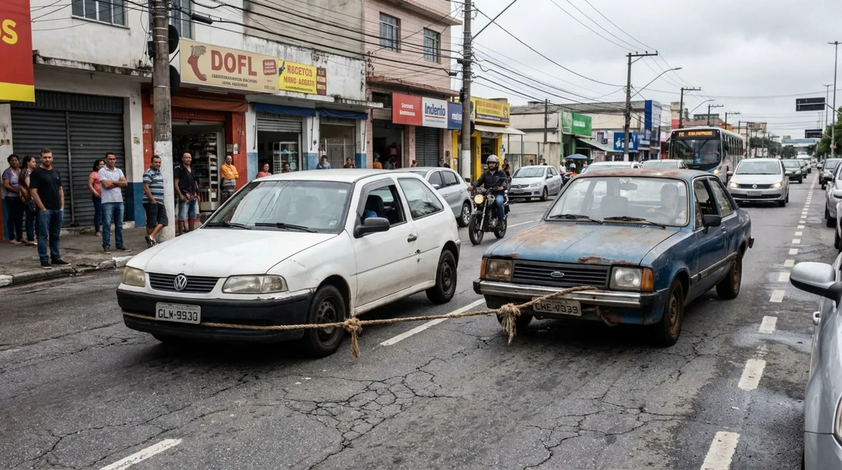 Motorista precisava levar o carro quebrado até uma oficina, ao descobrir o preço do guincho, decide puxar o veículo com uma corda, usando outro automóvel, é parado por fiscalização e policial explica por que esse tipo de reboque vira infração