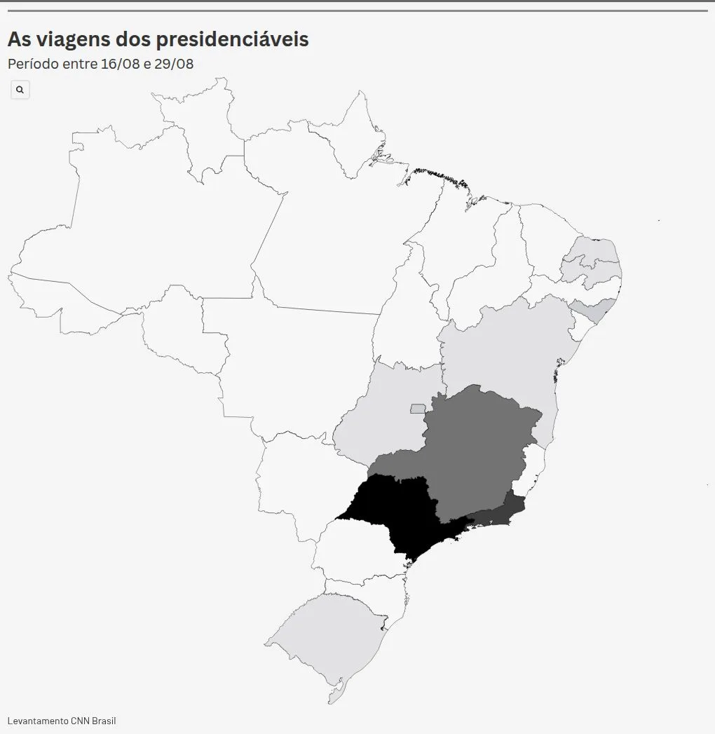 Mapa da campanha: candidatos vão ao Sudeste em 2 de cada 3 viagens
