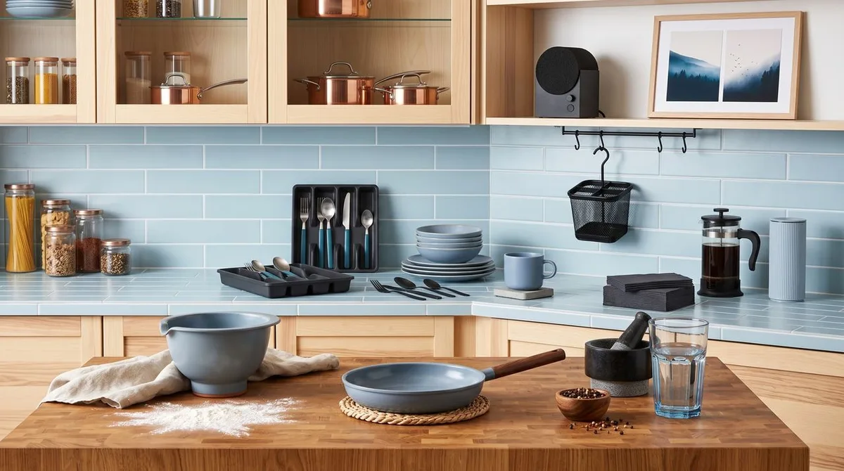 IKEA kitchen trends for autumn 2026 — clever storage and accessories in calming anthracite and duck egg blue, from £1