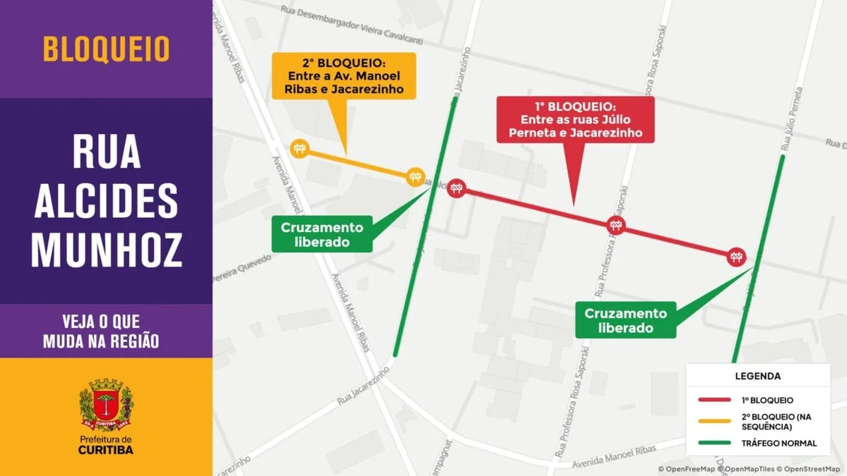 Rua Alcides Munhoz em Curitiba tem bloqueios neste sábado