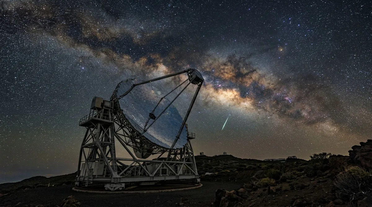Um meteoro cruzou a Via Láctea e apareceu refletido no enorme espelho de um telescópio nas Ilhas Canárias