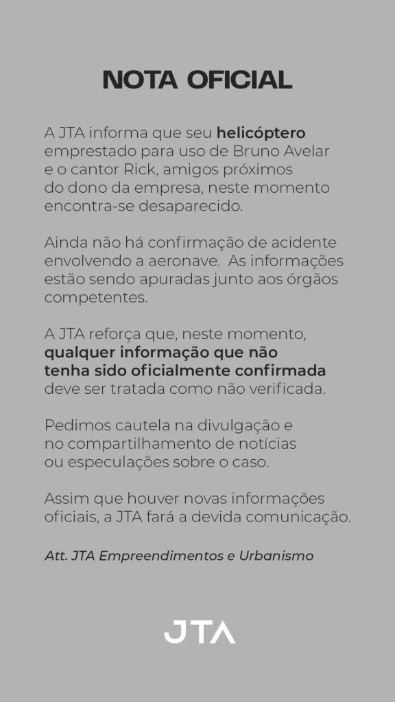 Empresa emprestou helicóptero para Bruno Avelar e cantor Rick