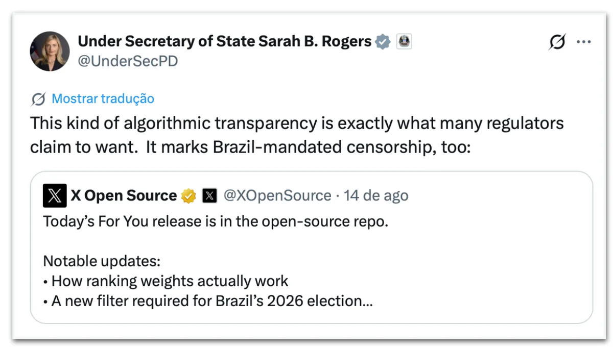 Funcionária de Trump chama regra eleitoral do Brasil de “censura”