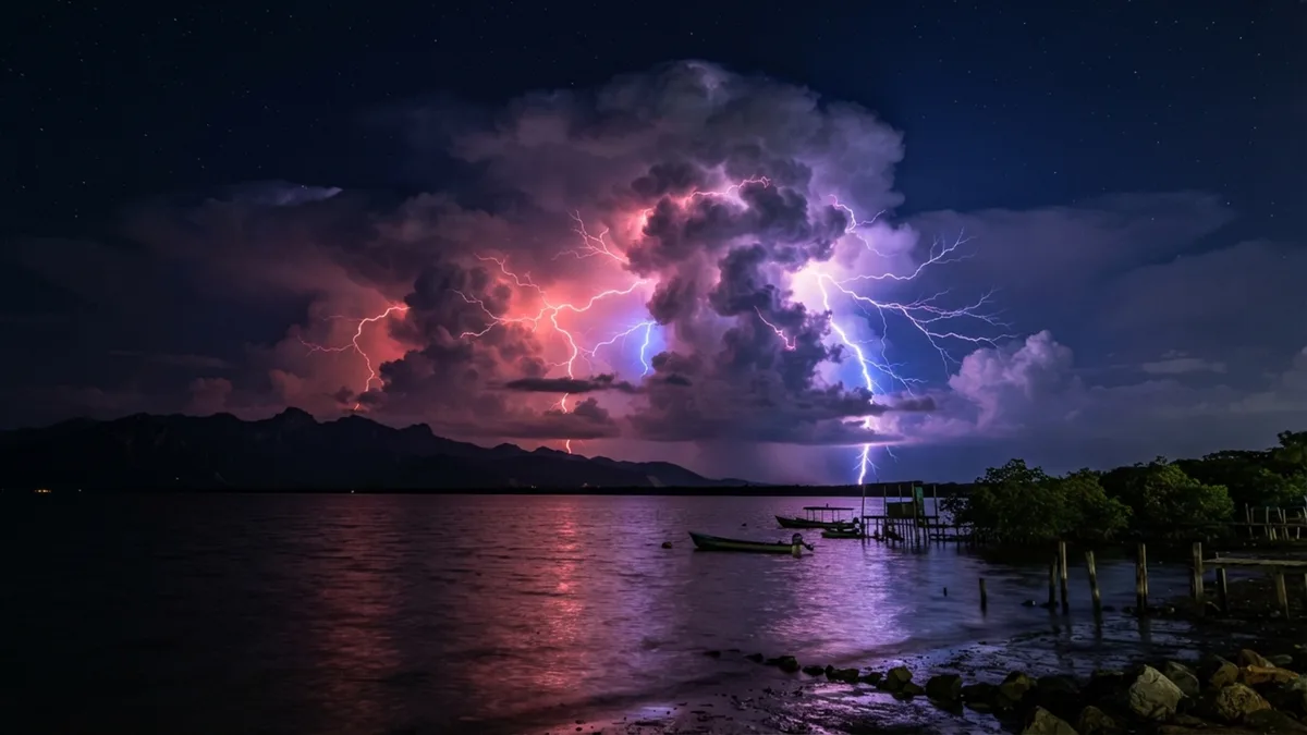 À noite, tempestades se formam sobre o Lago Maracaibo em média 297 vezes por ano, mas a explicação não está apenas na água porque as montanhas ao redor ajudam a concentrar o ar úmido sobre o mesmo ponto
