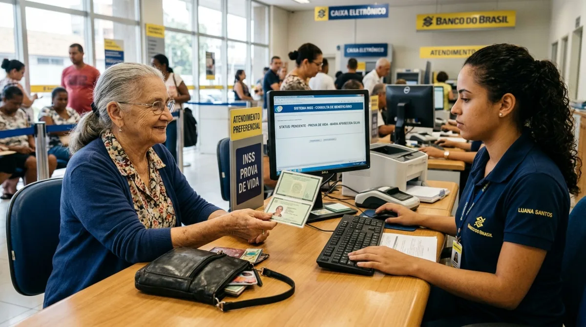 Aposentada recebe aviso sobre prova de vida, ao procurar o banco apresenta documento com foto e atendente questiona a pendência, mulher afirma que usa o Meu INSS normalmente e acreditava estar com cadastro regular