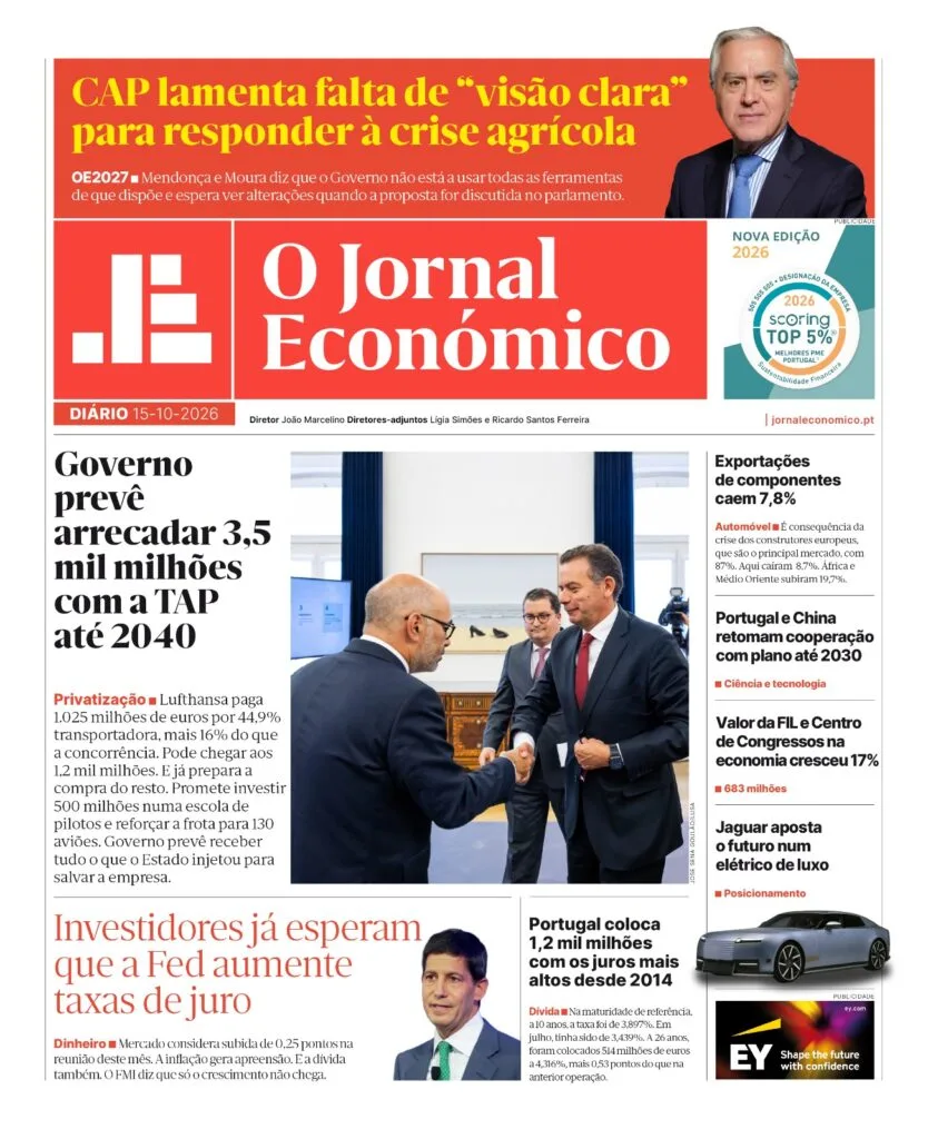 A primeira página do Jornal Económico de 15 de outubro