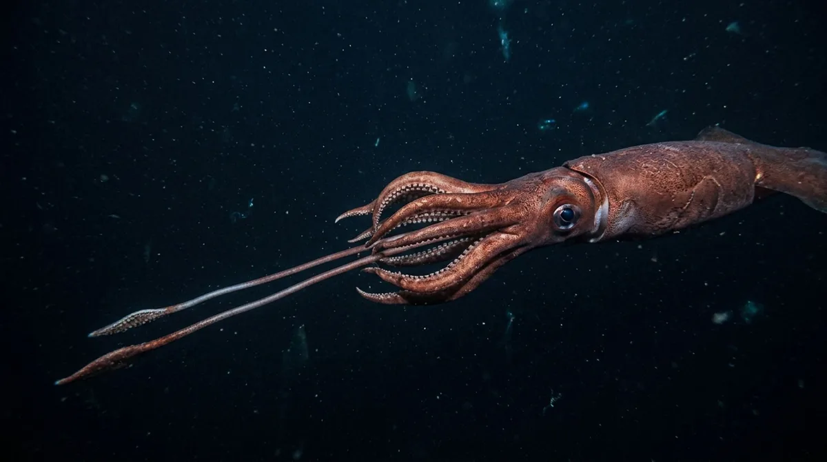 Uma lula gigante passa quase toda a vida fora da vista humana e seus dois tentáculos longos conseguem agarrar presas a distância no oceano profundo