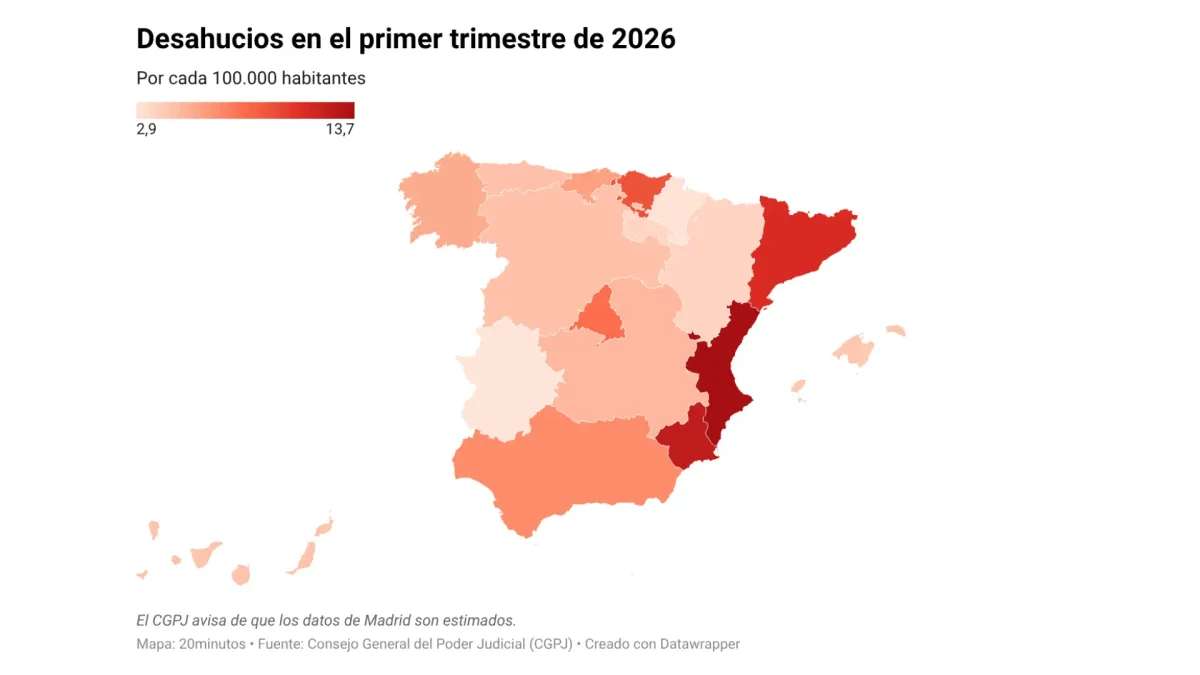 El mapa de los desahucios en España: casi 45 lanzamientos al día en el primer trimestre de 2026