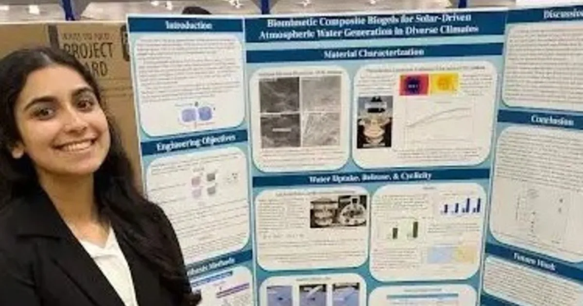 Una estudiante de secundaria desarrolló un material poroso que absorbe la humedad del aire, se calienta por luz solar y libera como agua potable: su objetivo es llevarla donde no cuentan con el recurso