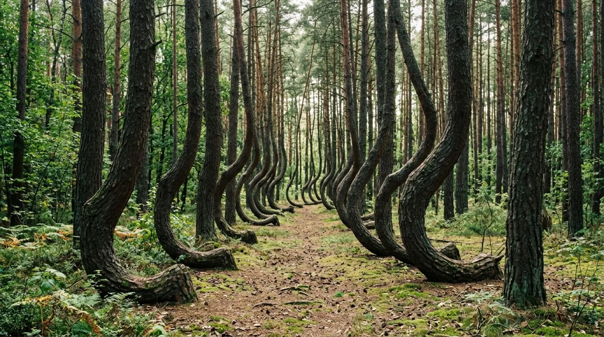 Caminhe por esta floresta sombria onde centenas de pinheiros formam curvas em “J” que ninguém conseguiu explicar por completo