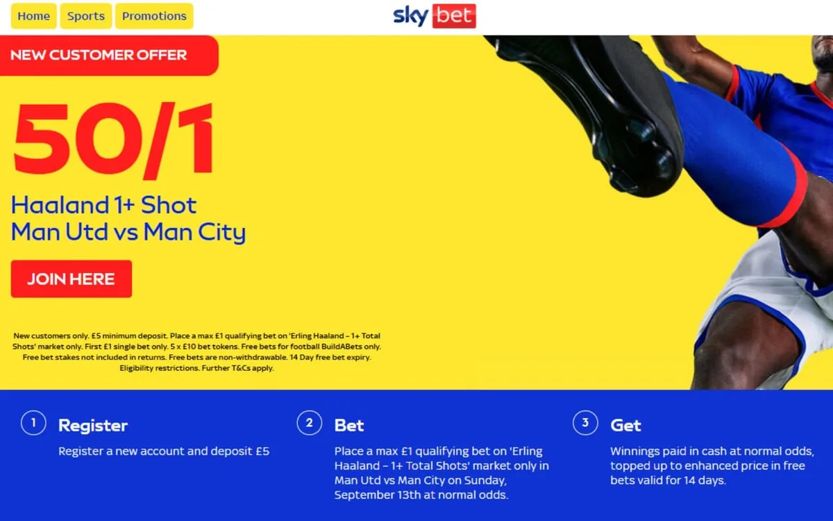 Sky Bet offer: 50/1 for Haaland to have a shot in Man Utd vs Man City