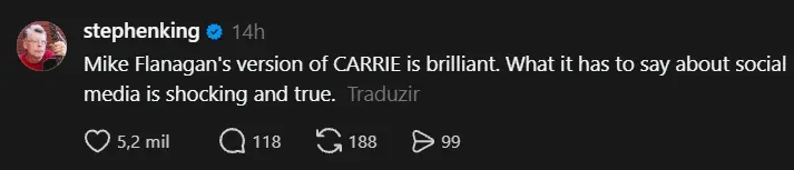 Stephen King rasga elogios a nova série de Carrie, a Estranha: "Brilhante e chocante"