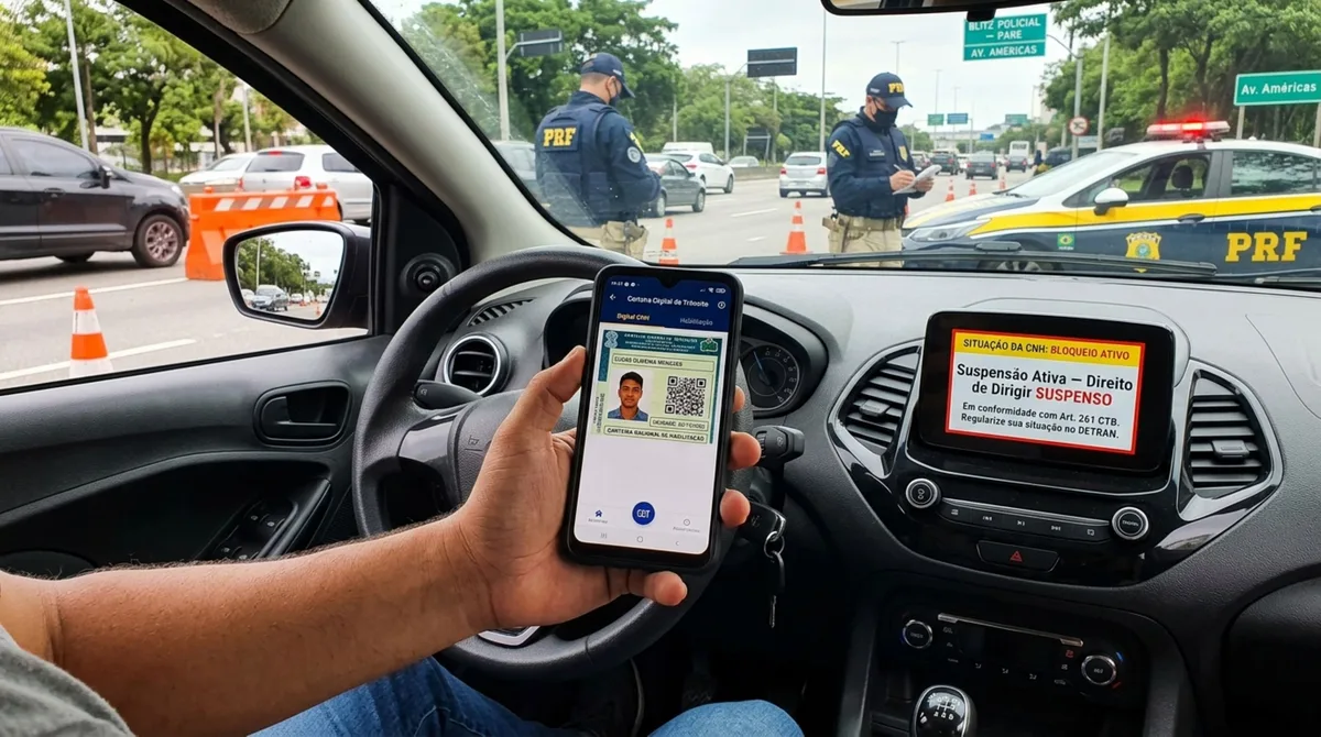 Motorista é parado em blitz, mostra a CNH Digital e agente identifica suspensão do direito de dirigir no sistema, homem afirma que documento continua disponível no celular e questiona se pode seguir viagem