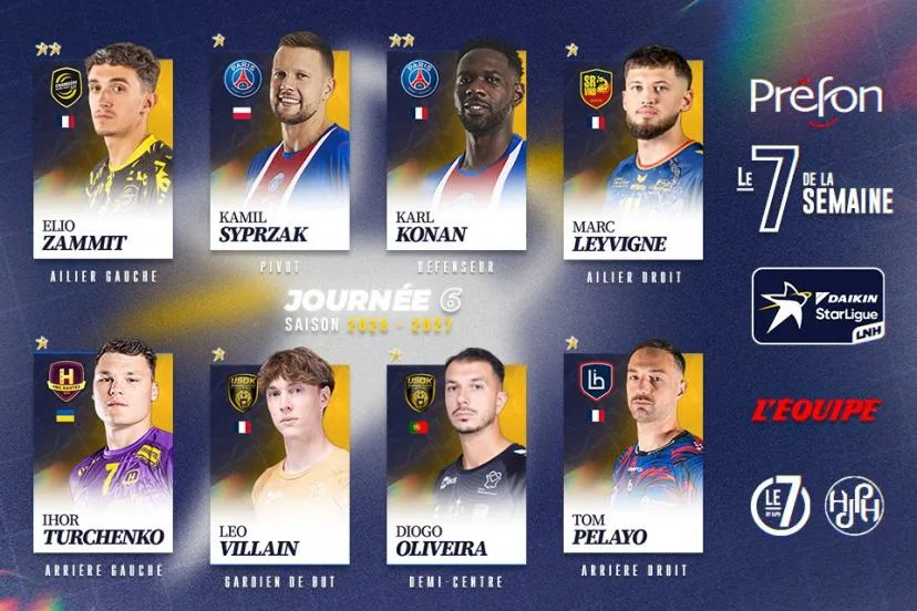 Le recordman de Saint-Raphaël Marc Leyvigne et la muraille du PSG Karl Konan dans le 7 de la semaine en Daikin Starligue