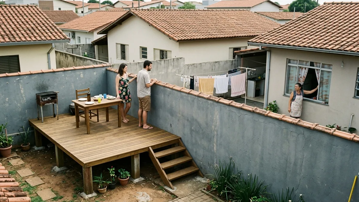 Casal faz deck elevado no fundo do quintal para colocar mesa e churrasqueira e vizinhos percebem que quem fica sobre a estrutura consegue enxergar por cima do muro