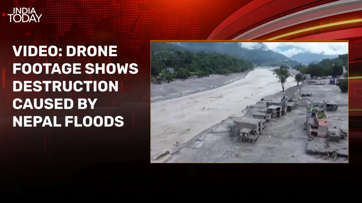 Video: Drone view of town devastated in Nepal floods shows landscape of mud, debris