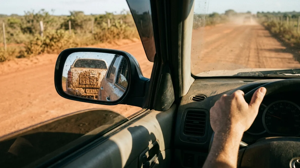 Condutor é abordado depois de sair de uma estrada de terra e a placa traseira está quase inteira coberta de lama