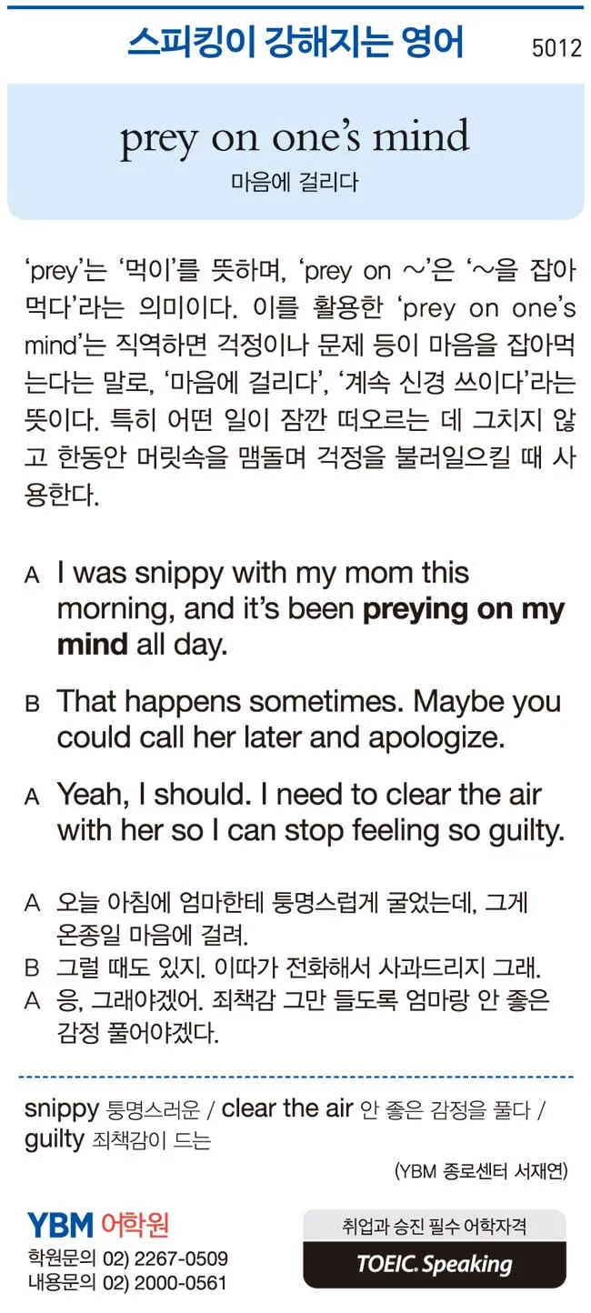 [스피킹이 강해지는 영어] prey on one’s mind
