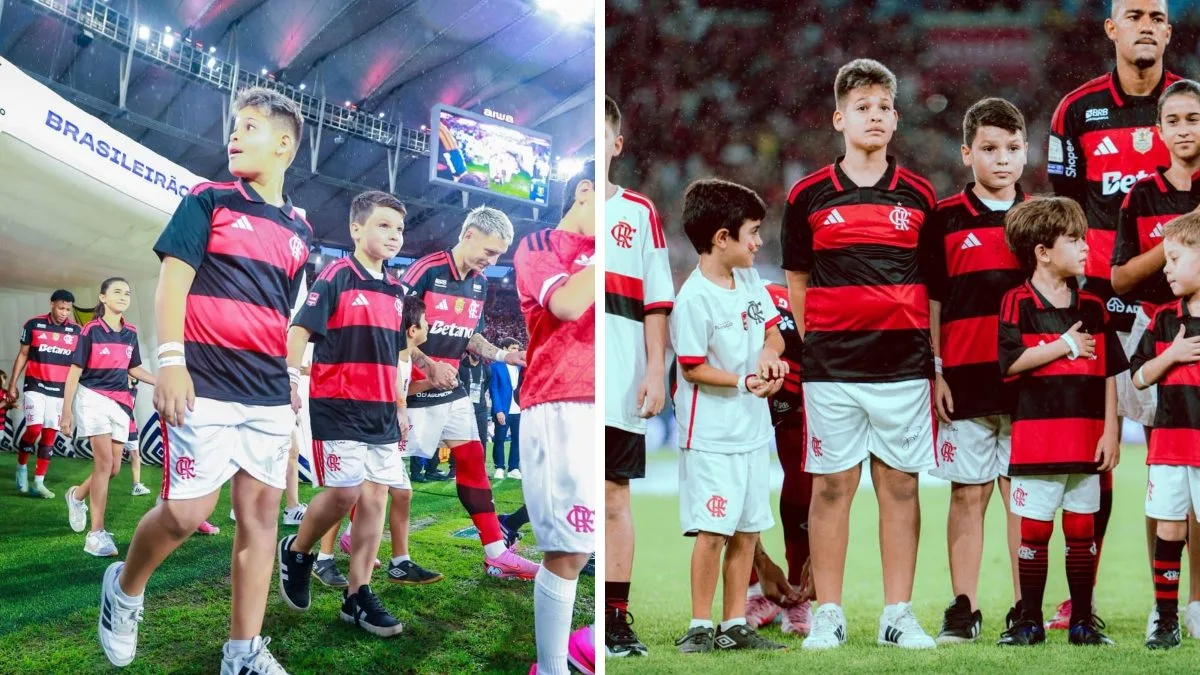 Dois meninos de SC são escolhidos entre quase 500 crianças, entram em campo com jogadores do Flamengo e ganham uniformes autografados pelo ídolo Zico