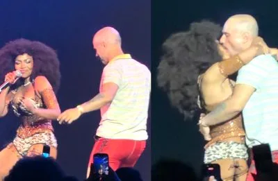 Gaby Amarantos e Ed Gama dão maior beijão em show ao som de “Rock Doido”