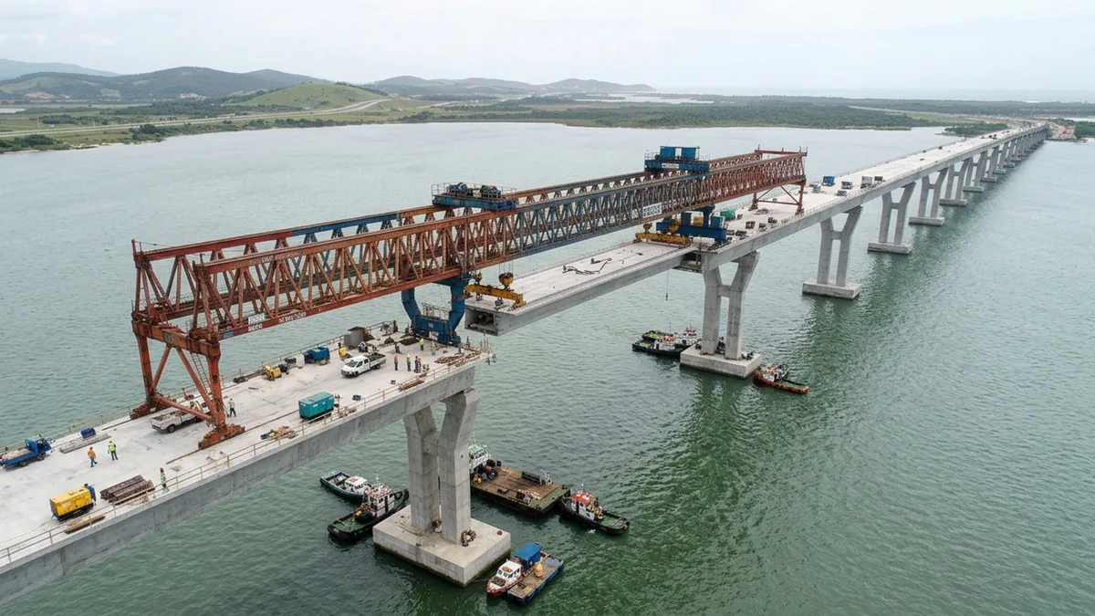 Ponte de R$ 777 milhões faz uma curva sobre a água por 2,8 km em Santa Catarina e precisou de uma máquina de 132 metros para montar a travessia