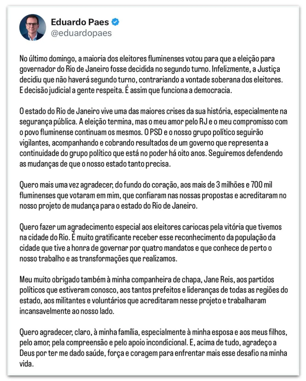 Paes reconhece derrota em disputa pelo governo do RJ