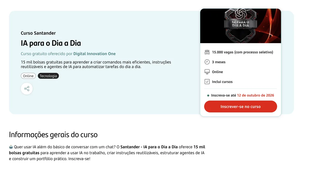 Santander e DIO abrem 15 mil vagas gratuitas para ensinar o uso prático da IA no trabalho