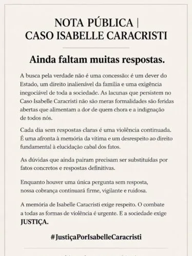 Caso Isabelle Caracristi: Família reage após perícia de morte da jovem e dá resposta firme: ‘É uma afronta’ Foto: Reprodução/Instagram