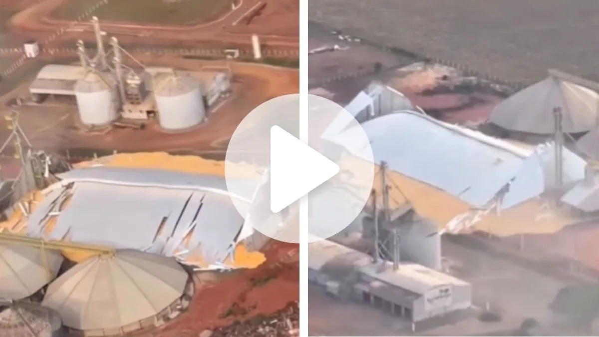 Mega-silo ‘estoura’ e espalha grãos em área operacional no interior de MS; imagens mostram dimensão dos estragos