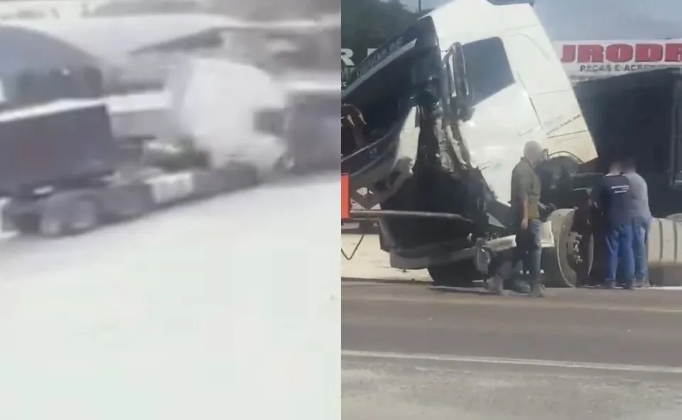 Vídeo! Motorista fica gravemente ferido após forte colisão entre caminhões na Rodovia dos Minérios