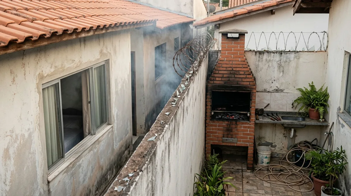 Família instala uma churrasqueira de alvenaria perto do muro para aproveitar os fins de semana, e vizinha descobre que a fumaça entra diretamente pela janela do quarto