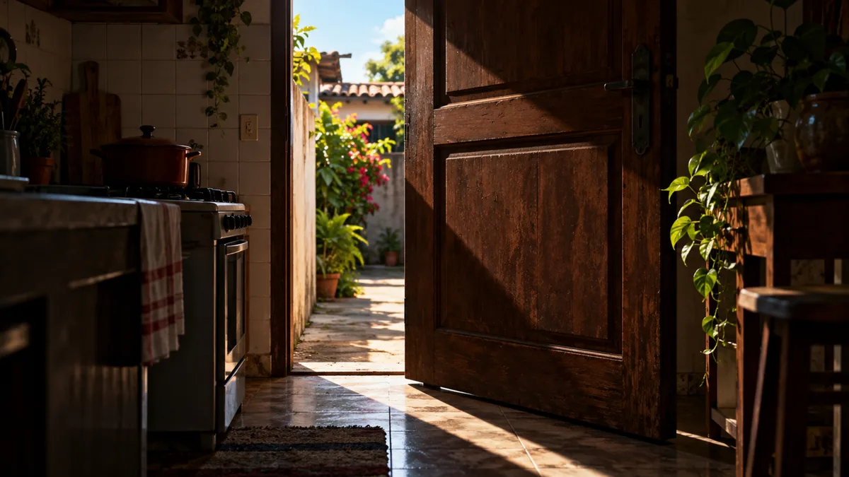 Aposentada troca a porta da cozinha por um modelo maior e só depois percebe que aberta ela bloqueia quase toda a passagem usada para chegar ao quintal